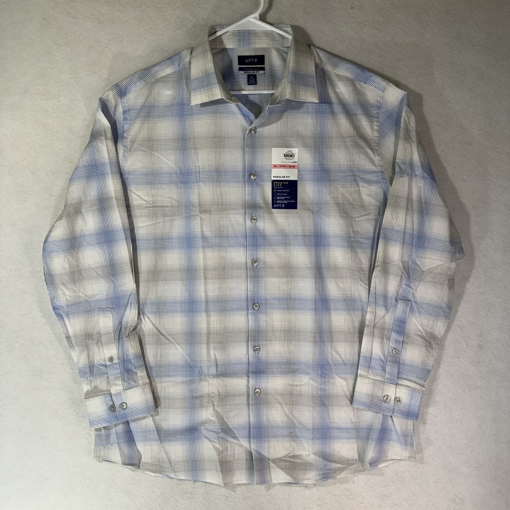 Apt. 9 Regular Fit Premier Flex Blue Plaid Mens XL Long Sleeve Dress Shirt